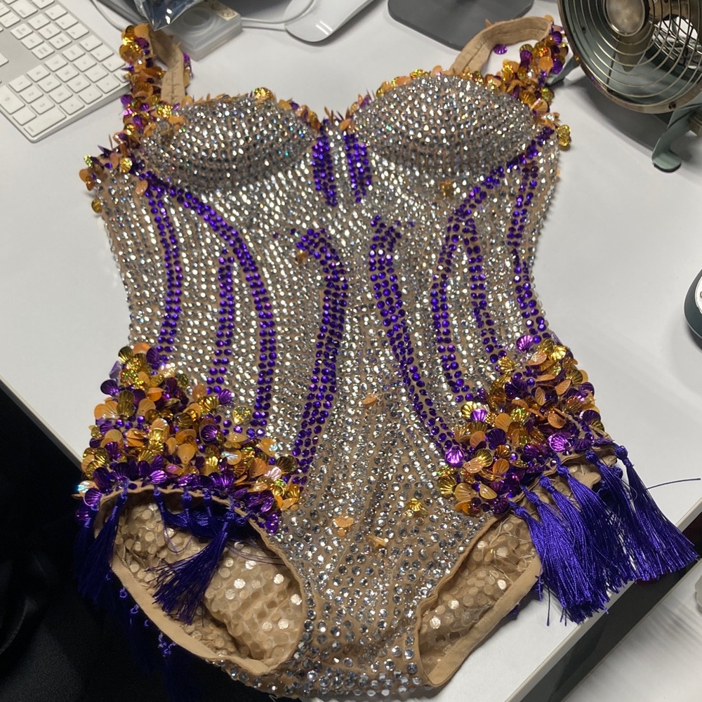 Embellished Beaded Bodysuit - Purple & Gold - Picture 5 of 14